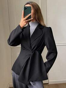 DAZY Women's Tie-Up Wrap-Around Collar Long Sleeve Casual Blazer Business Attire Western Outfits For Women - Black - View 1
