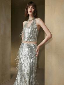 Revavyn 女式无袖亮片露背系带短款流苏设计上衣，适合约会穿着，优雅大方 - 銀色 - 查看 7