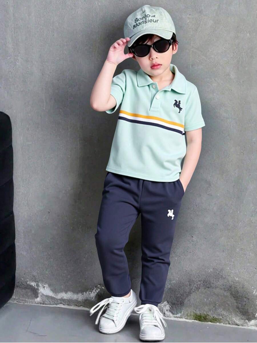 SHEIN 2 件套男童条纹短袖 Polo 衫和裤子 - 薄荷綠 - 查看 1