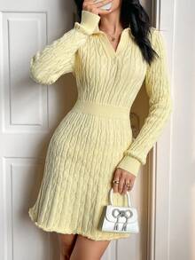 Modelyn 女式V领扭纹收腰针织连衣裙 - 黃色 - 查看 6