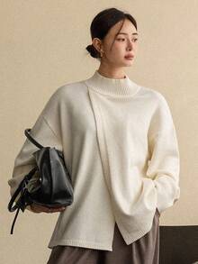 Dazy-Less Women's Loose Business Casual Asymmetric Collar Pullover Sweater, Basic Solid Color Minimalist Design, Suitable For Autumn And Winter - Beige - View 3