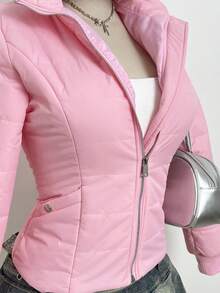 Elamini 女士休闲时尚百搭口袋收腰加厚外套，适合秋冬季外出、通勤和聚会 - 粉色 - 查看 5