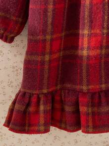 Souflis Souflis 法式复古红色长袖格子连衣裙，撞色荷叶边领，适合派对、郊游和各种场合，秋冬 - 酒紅色 - 查看 5