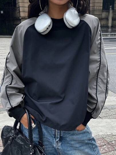 DAZY 女式拼布撞色插肩袖运动衫，秋季