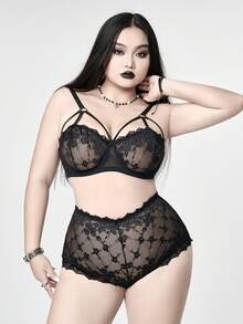 ROMWE Plus Size Gothic Lace Sheer Underwire Lingerie Set - Black - View 2
