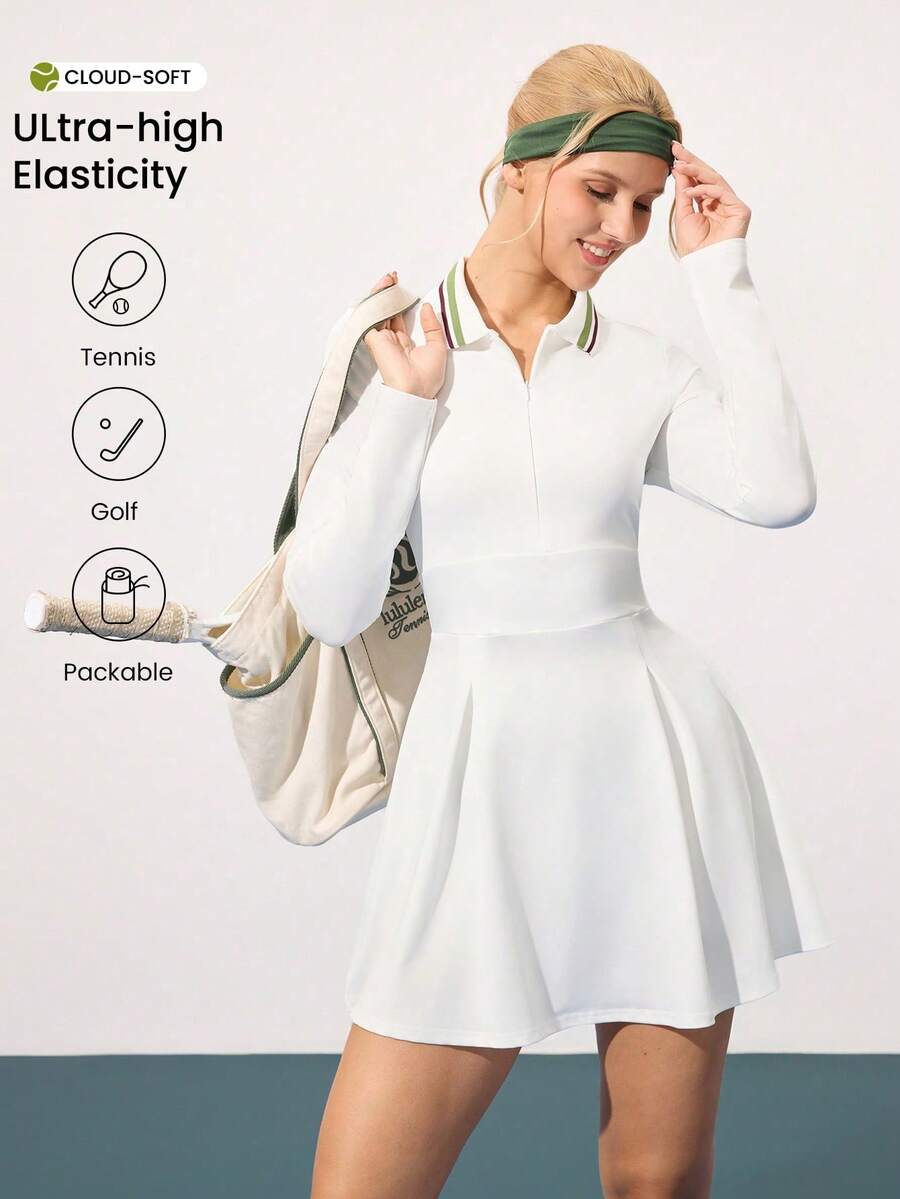 CourtClass Women's Contrast Collar Long Sleeve Sports Dress Tennis Dress Long Sleeve White Active Dress - White - View 1