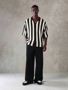 SUMWON Men's Ribbed Knit Button Down Polo Shirt Vertical Striped Short Sleeve Casual Summer Top - Black - View 4