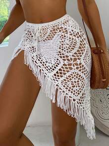 Swim Vcay Vacation Beach Solid Color Hollow Out Knit Tassel Hem Cover Up Skirt Set
