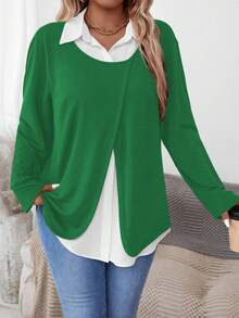 Áo sơ mi dài tay xẻ tà dáng rộng cho nữ cỡ lớn - màu xanh lá - Xem 4