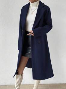 RosyDaze Women's Solid Color Lapel Dropped Shoulder Long Sleeve Double-Breasted Fashionable & VersatilOvercoatat - Navy Blue - View 6
