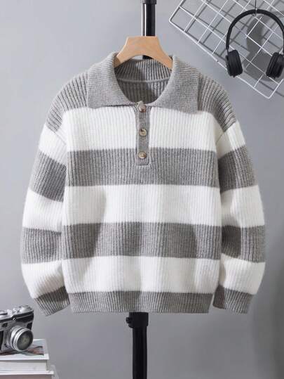 SHEIN 男童条纹 Polo 领套头衫，灰色和白色条纹，学院风，适合返校、户外玩耍、秋冬针织毛衣