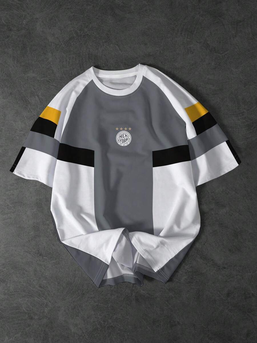 PAVTROS 男士夏季休闲几何拼色插肩袖宽松T恤 - 彩色 - 查看 1