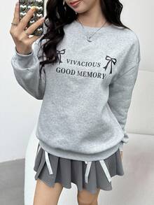 SHEIN 2件套优雅少女灰色刺绣蝴蝶结运动衫和百褶裙套装 - 灰色 - 查看 6