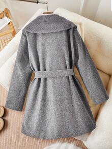 SHEIN Abrigo elegante y refinado para niñas preadolescentes, estilo largo ajustado con cintura esponjosa de patchwork, adecuado para ir al trabajo y actividades al aire libre, abrigo de moda de alta gama con jacquard lujoso