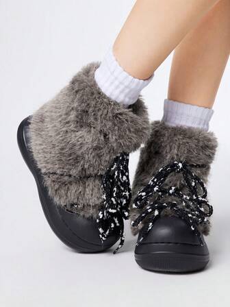 Kawaii Women's Closed Toe Slip-On Furry Platform Ankle Boots, Goth Punk Rock Style, Thick Sole Winter Snow Boots