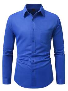 Manfinity Mode Plus Size Men's Solid Color Single-Breasted Casual Long Sleeve Shirt, Formal - Royal Blue - View 3