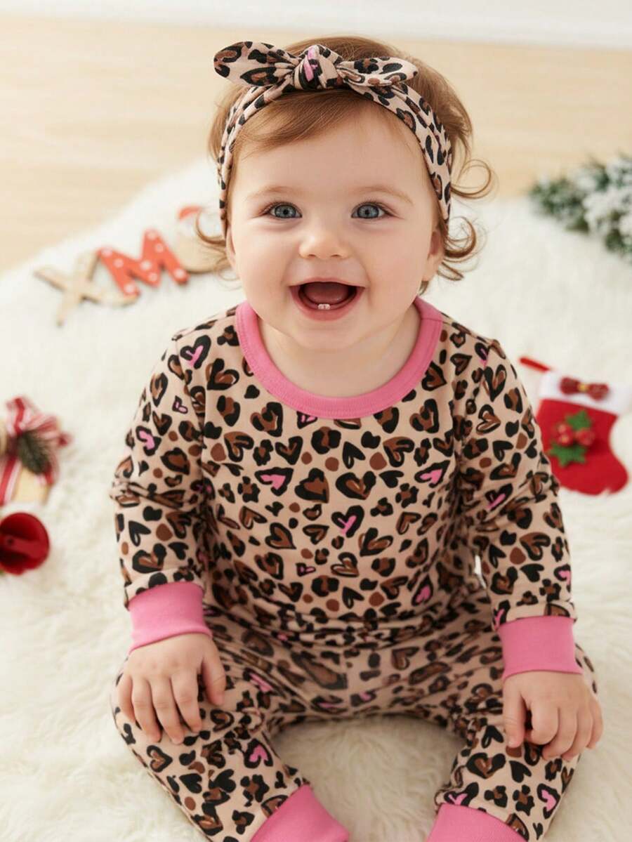 SHEIN 女婴复古可爱豹纹心形图案休闲舒适长袖上衣和紧身裤贴身家居服套装