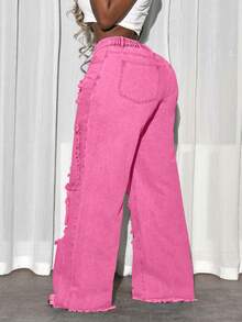 Slaydiva Quần jean ống rộng cạp cao đơn giản, màu trơn, phong cách đường phố, tối giản, thời trang thường ngày cho nữ cỡ lớn - Hồng - Xem 2