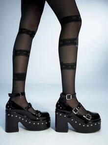 Sugerpunk Scarpe da donna con suola spessa, tacco a zeppa, decorazione con borchie, cinturino alla caviglia con fibbia - nero - Visualizzare 6