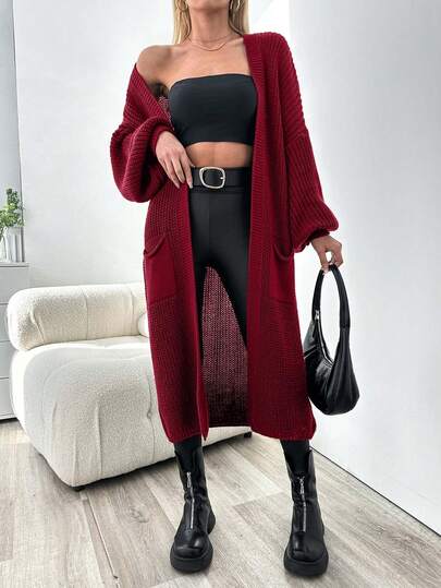 EURMUSE Solid Color Casual Versatile Long Sleeve Mid-Length Cardigan With Pockets