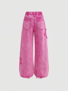 Girlism Tween-flickor, söta, härliga, fransade stjärnmönster, lösa, vida rosa jeans, för höst/vinter, vardag och streetwear, Halloween och jul, nyår, Thanksgiving, baggy jeans - Rosa - Visa 3
