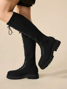 CUCCOO BASICS Bottes hautes noires à lacets et semelle épaisse pour femmes, design à enfiler d'un seul geste avec élastique. Convient pour le travail, les rendez-vous, les rassemblements, les fêtes, les festivals de musique, la rue, les vacances et autres occasions - Noir - Voir 2