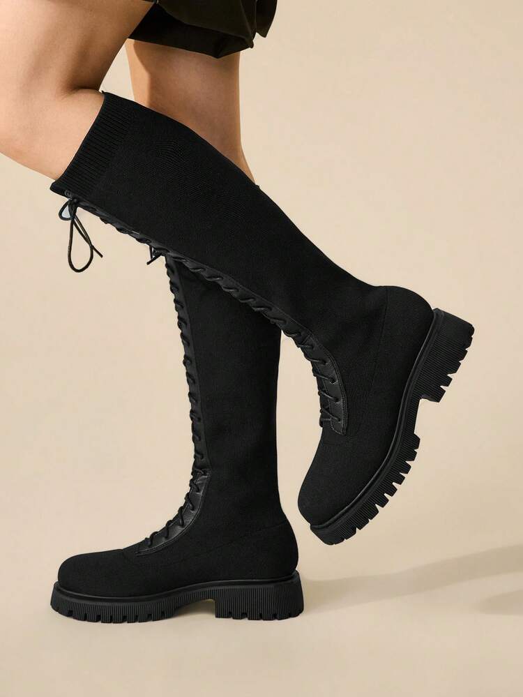 CUCCOO BASICS Women's Fashion Black Knight Lace-Up Thick Sole Over-The-Knee Boots, Elastic One-Push Slip-On Design, Suitable For Commuting, Dating, Gatherings, Parties, Music Festivals, Street, Vacation And Other Occasions