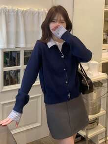 DAZY 女式撞色条纹拼布二合一休闲开衫 - 藏蓝色 - 查看 2
