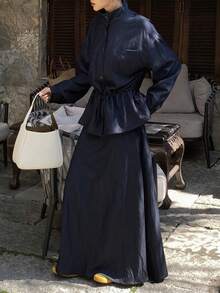DAZY Women's Stand Collar Cinched Waist Waist Top And Long Skirt Casual 2 Pieces Set - Navy Blue - View 1