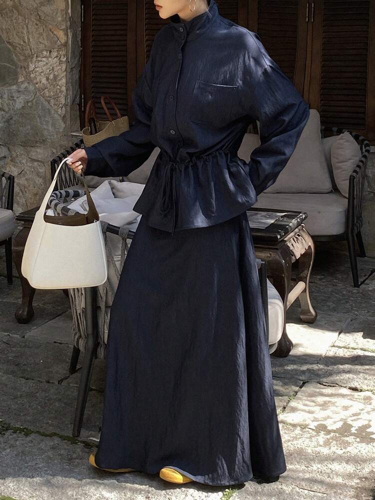 Women's Stand Collar Cinched Waist Waist Top And Long Skirt Casual 2 Pieces Set