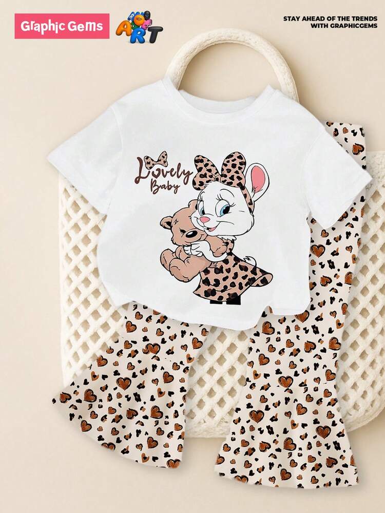 Baby Girl Graphic Letter Print Short Sleeve T-Shirt And Heart Decor Flared Pants Set