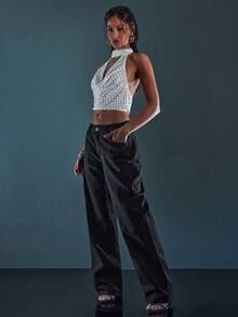 Denimoi 经典中腰直筒牛仔裤，直筒牛仔裤，中腰牛仔裤，时尚 - 黑色 - 查看 3