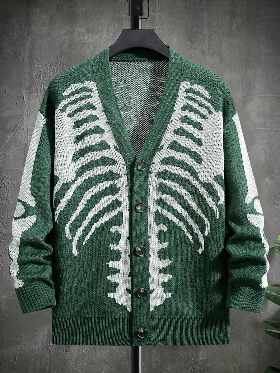 Manfinity Roghcode 男士休闲万圣节骷髅印花单排扣开衫，秋冬季长袖上衣 - 軍綠色 - 查看 1