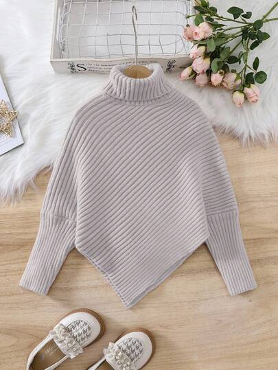 Girls' Warm Apricot High Neck Long Sleeve Knitted SweaterYoung Girlls' Fashionable CasuAsymmetricallar Hem Pullover, Comfortable Soft, Minimalist Stylish Versatile Kids Sweaters For Girls Girls Sweaters Girl Clothes Autumn And Winter Clothes Jumper For Girls Girls Knitted Top