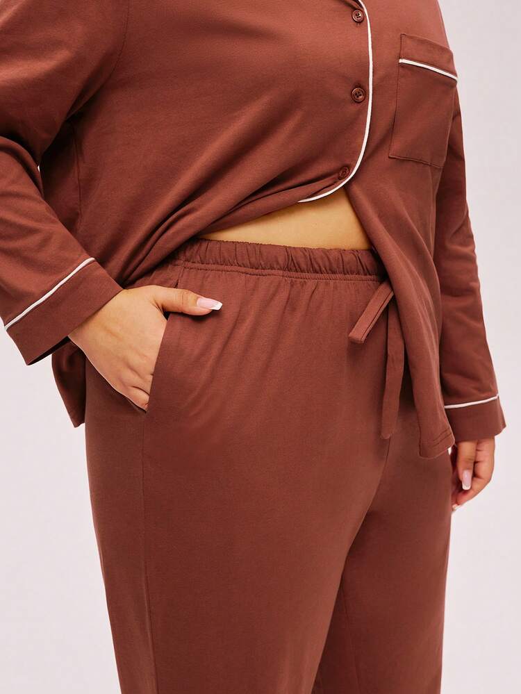 クリスマス & 新年 パジャマ カップル レディース プラスサイズ ソフト 100% 100% ピュアコットン ダークレッド & バーガンディー ベーシック ロング レディース パジャマセット ラウンジセット、秋冬ウェア