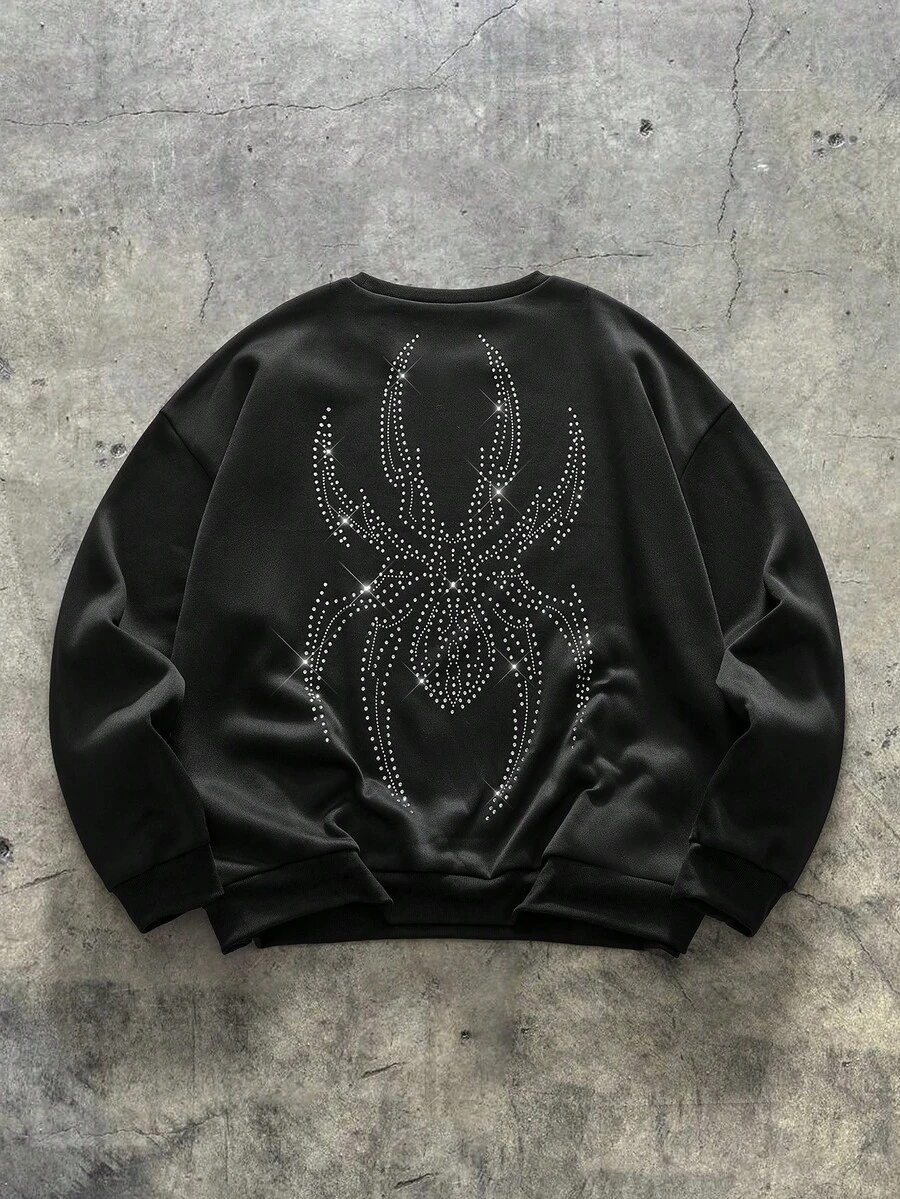 AXEPEAK Plus Size Men's Round Neck Pullover Sweatshirt With Rhinestone Spider Pattern, Suitable For Autumn And Winter, Long Sleeve Top - Black - View 1