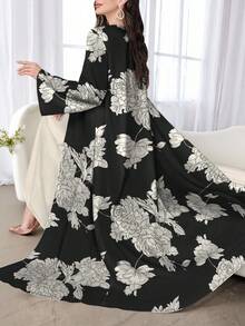 SHEIN Najma 女式白色花卉印花时尚长袖休闲阿拉伯长袍，春秋季 - 彩色 - 查看 3