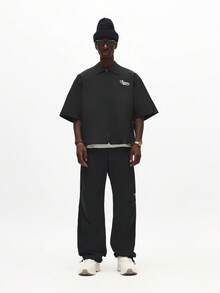 SUMWON Short Sleeve Button Up Work Shirt With Embroidered Logo Front Zip, Black Shirt With Short Sleeve Small Zipper In Front , Man, Oversized Shirt, Black - Black - View 6