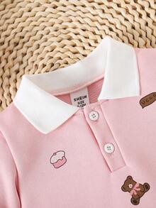 SHEIN Playful Pals 女婴粉色小熊印花长袖翻领连衣裙，甜美时尚，舒适百搭，适合日常穿着，春秋季 - 粉色 - 查看 5