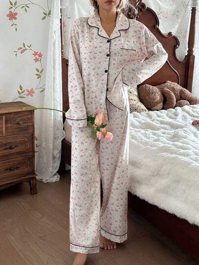 CottageSlumber 女士泡泡褶皱皇冠爱心印花长袖睡衣套装，柔软舒适，泰迪熊睡衣套装，碎花睡衣套装，复古睡衣套装，秋冬服装