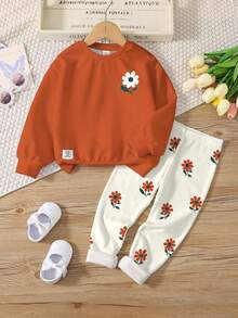 SHEIN Leap Crew 2 件套青少年女孩休闲复古花卉印花圆领长袖运动衫和裤子套装，适合秋冬季 - 彩色 - 查看 3