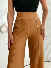 EURMUSE Pantalón palazzo de pierna ancha blanco con detalle de botones - Camel - Ver 6