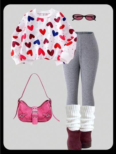 2pcs Young Girls Crew Neck Long Sleeve Prosperity Print Sweatshirt & Knit Leggings Set, Multiple Colors, Cute & Lively, Spring/Autumn