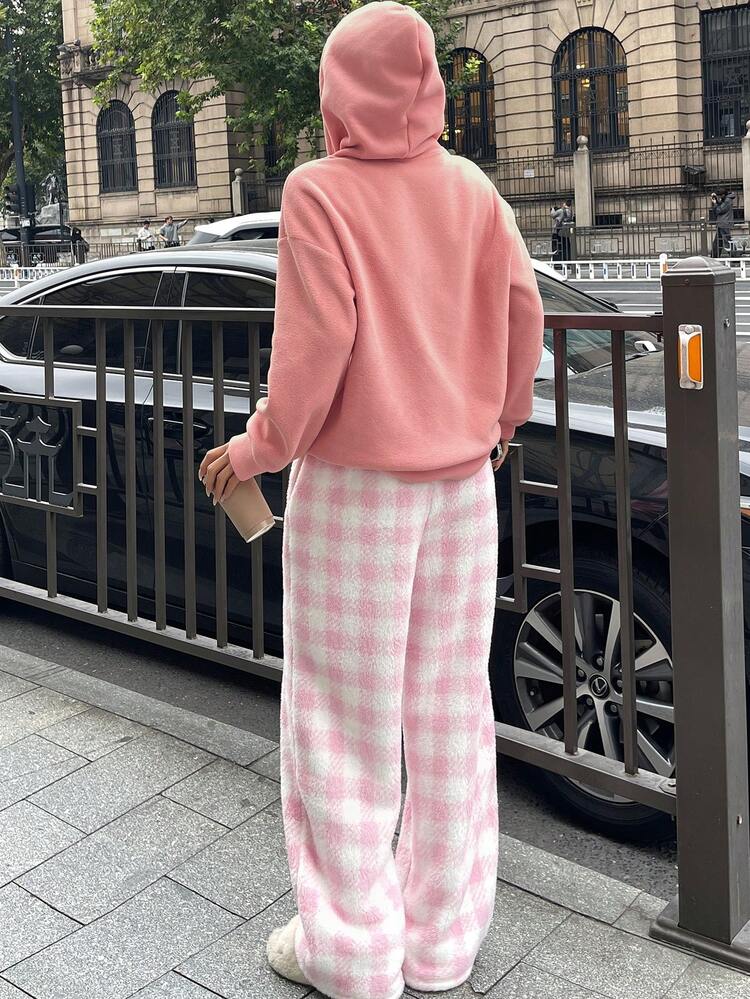 2pcs Women Graphic Print Loose Fit Coral Fleece Hooded Top And Plaid Pants Fluffy Pajama Set, Autumn/Winter, Cozy Clothes