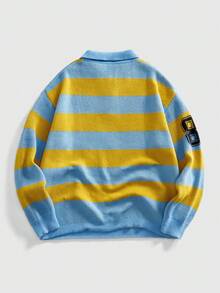 ROMWE MEN Prep Men's Letter Embroidery Striped Knit Sweater With Turndown Collar, Collegiate Style Street Wear, Winter - Multicolor - View 2