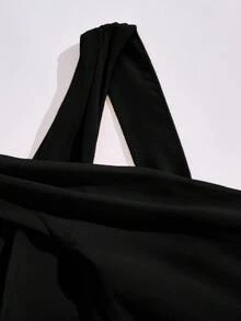 青少年女孩圆领无袖腰部拼接褶皱优雅派对连体裤 - 黑色 - 查看 7