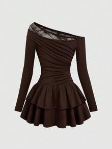 Sweetra Fall Autumn And Winter Plus Size Lace Patchwork Layered Hem Short Dress - Brown - View 2