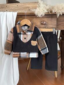 SHEIN 2件套男婴棕色格子灯芯绒二合一套装和黑色灯芯绒裤子 - 彩色 - 查看 3