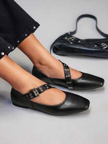 CUCCOO GRLICON 女士法式方头平底鞋，新款黑色玛丽珍鞋，带绑带，Y2K风格，适合万圣节、圣诞节、派对等场合 - 黑色 - 查看 3