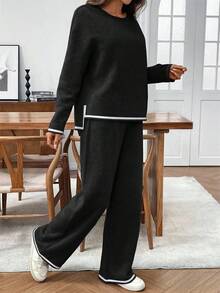 EMERY ROSE 2pcs Women Contrast Color Trim Thermal Lined Sweatshirt And Sweatpants Set, Autumn/Winter - Black - View 7